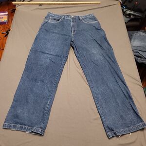 Rocawear Mens Jeans 38x34 Dark Blue Distressed Faded Raw Hem Urban Hip Hop